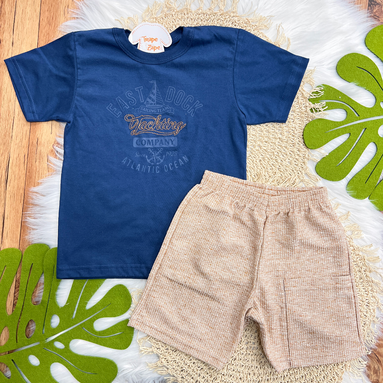 Conj. Camiseta East Dock e Bermuda em Linho - Marinho e Ferrugem